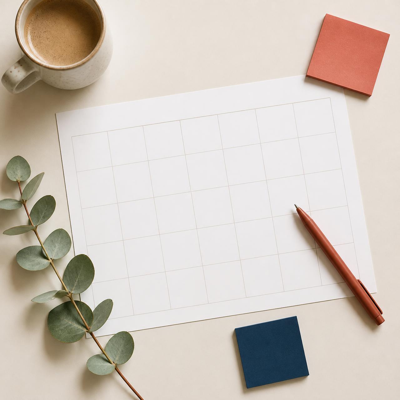 Blank monthly content calendar on a desk with a coral pen and sticky notes